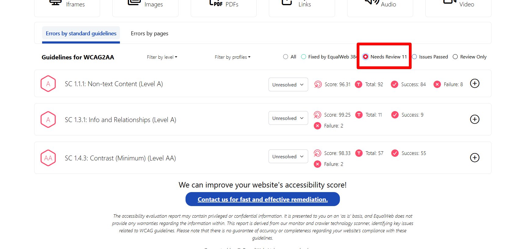 The results area with the filter options shown as a row of radio buttons: All, Fixed by EqualWeb, Needs Review, Issues Passed, and Review Only. The Needs Review option is highlighted to show where to select it.