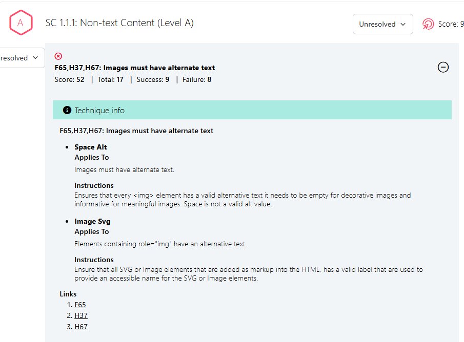 An expanded finding for the success criterion SC 1.1.1 Non-text Content. A Technique info panel lists techniques such as Space Alt and Image Svg, each with an Applies To note and Instructions, followed by reference links.