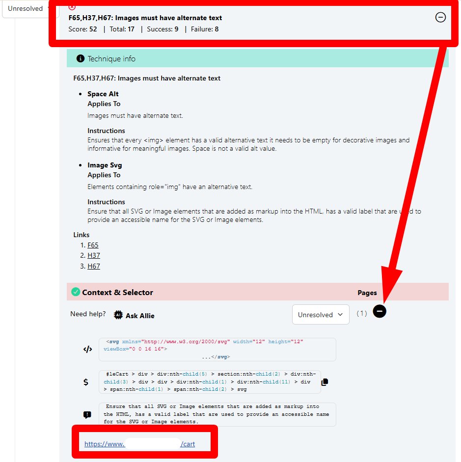 The detailed view of a single technique within a finding, showing a Context and Selector panel with example code and the address of an affected page, for example https://www.test.com/cart. The affected page link is highlighted.